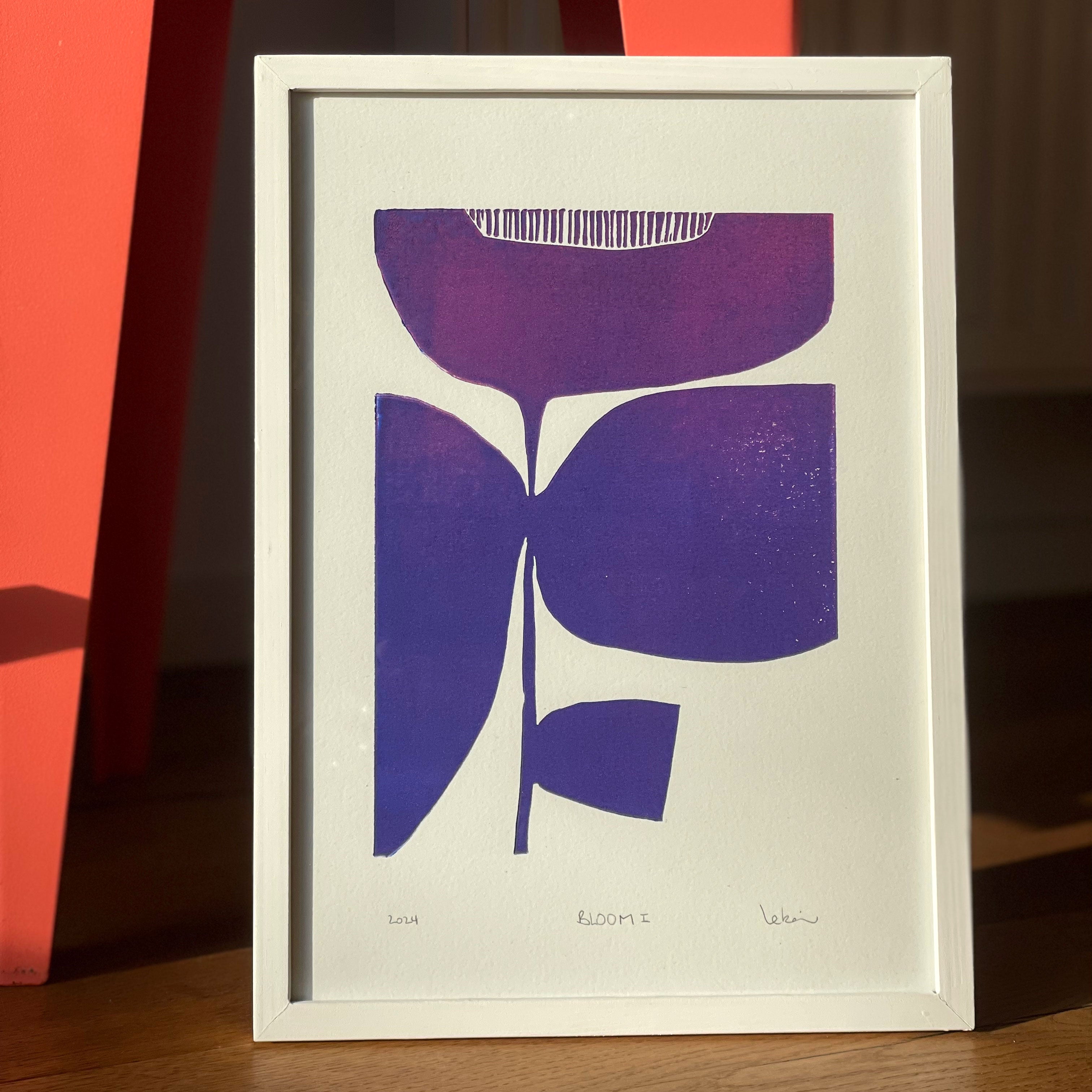 Linolschnitt "Bloom 1" -Violett-Blau